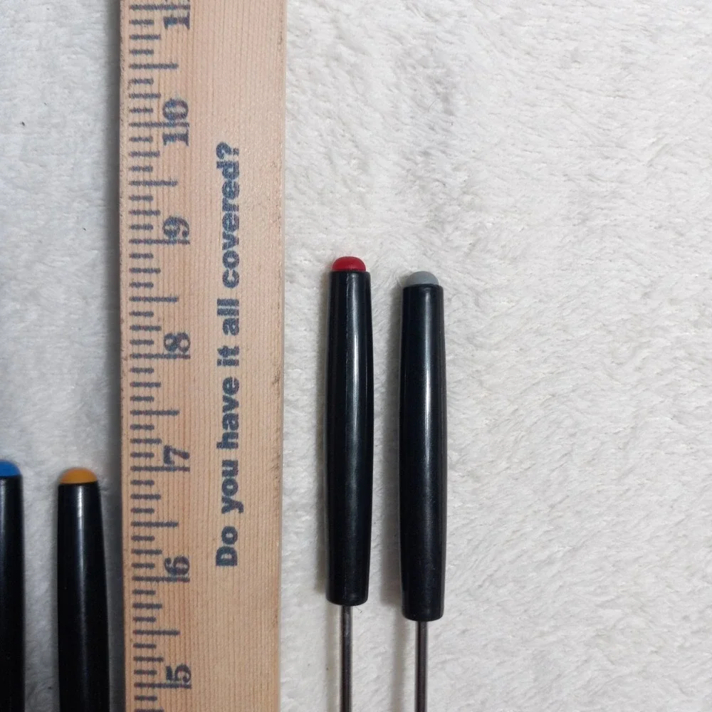 Set of 5 Fondue Forks Color Coded Black Plastic Handle Vintage 7.0